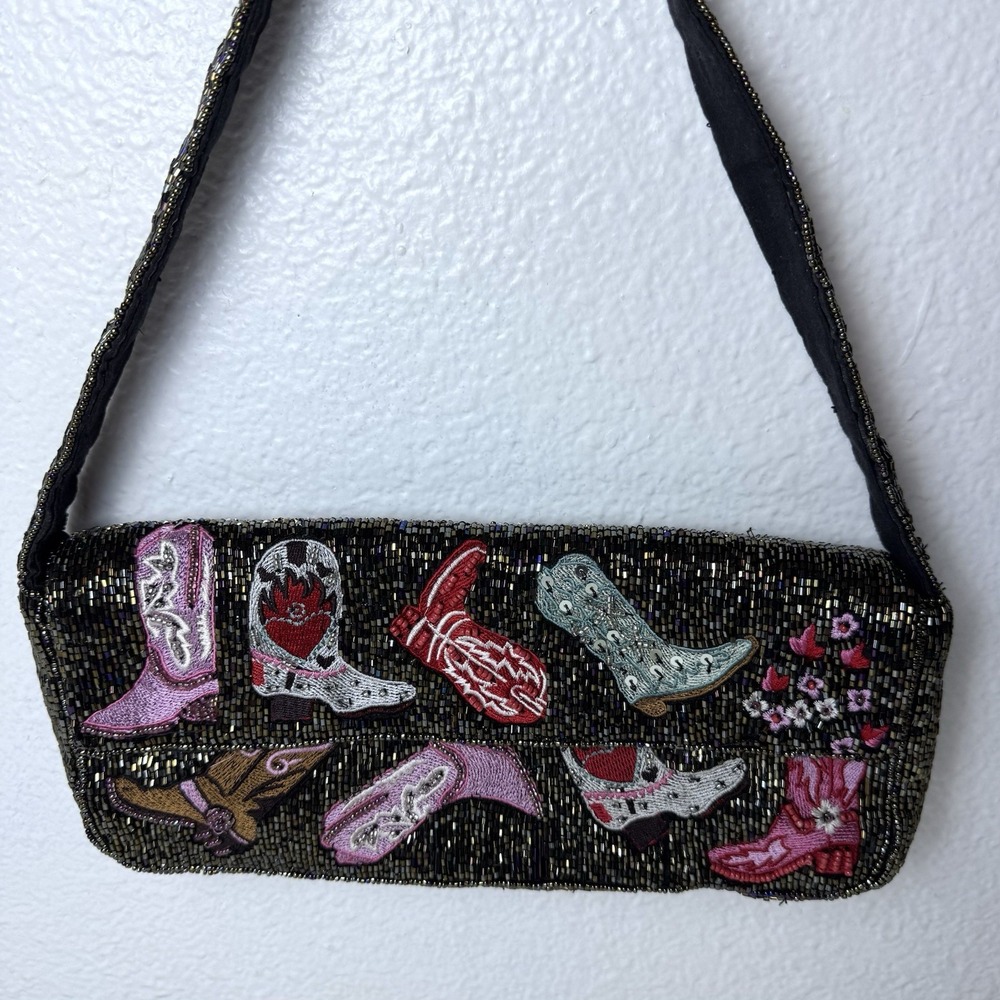 Beaded Cowgirl Boots Shoulder Bag Western Style Purse Rodeo Party Glam Black